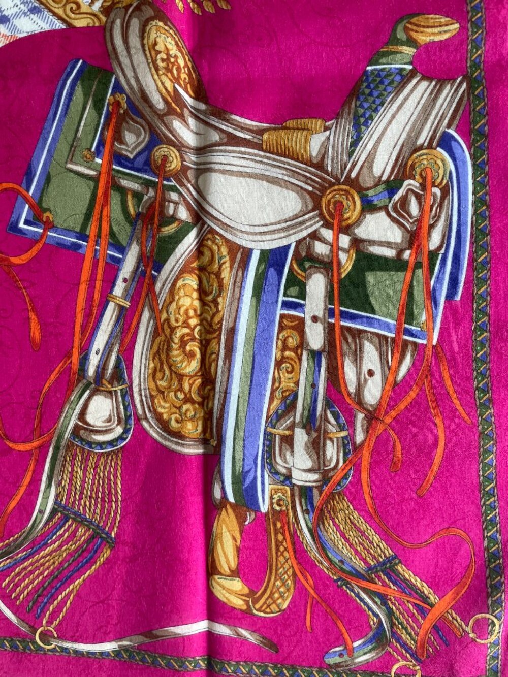 Vintage Celine Equestrian Tartan Cotton Scarf Pink Rolled Hem - Picture 12 of 13